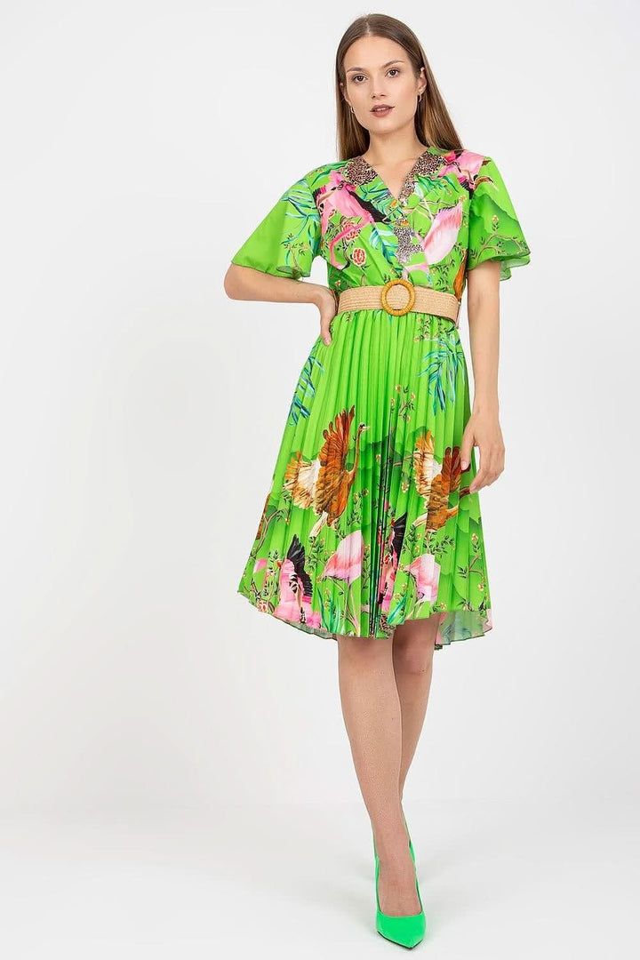 Stylish summer dress with short sleeves, pleated flared bottom, and a braided belt, perfect for various occasions.