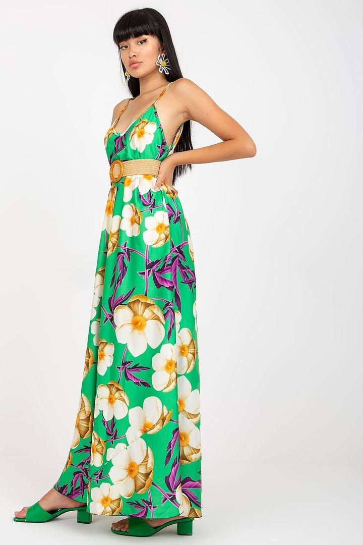 Long Floral Summer Dress with Flared Cut, Straps, and Braided Belt