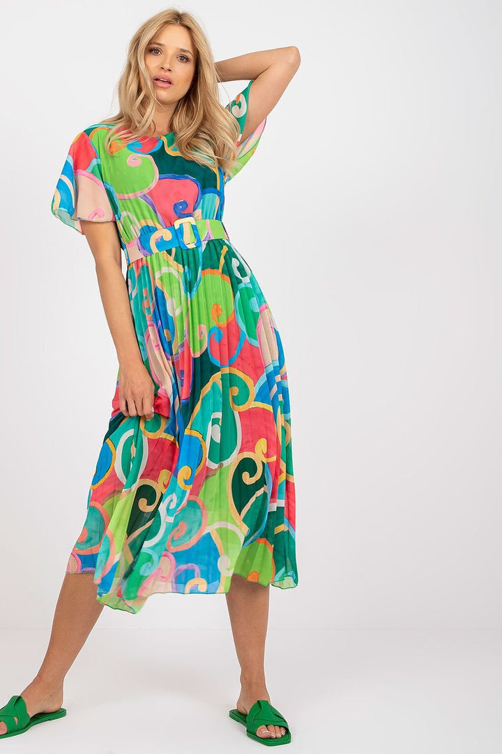 Summer Dress with Short Sleeves, Lining, Flared Cut, and Belt
