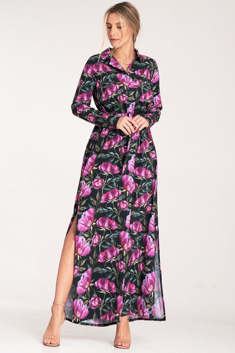 Elegant floral dress made from lightweight material, designed with a buttoned-up closure and a tied waist.