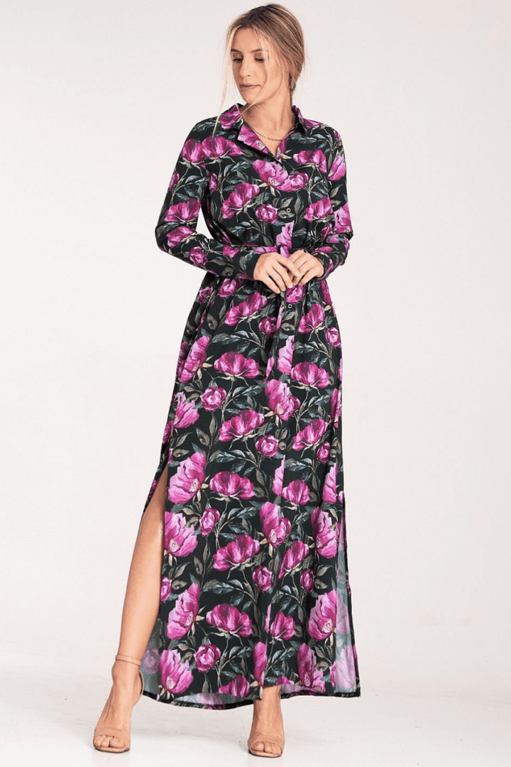 Floral Button-Up Maxi Dress with Collar and Long Sleeves - Ludowika 