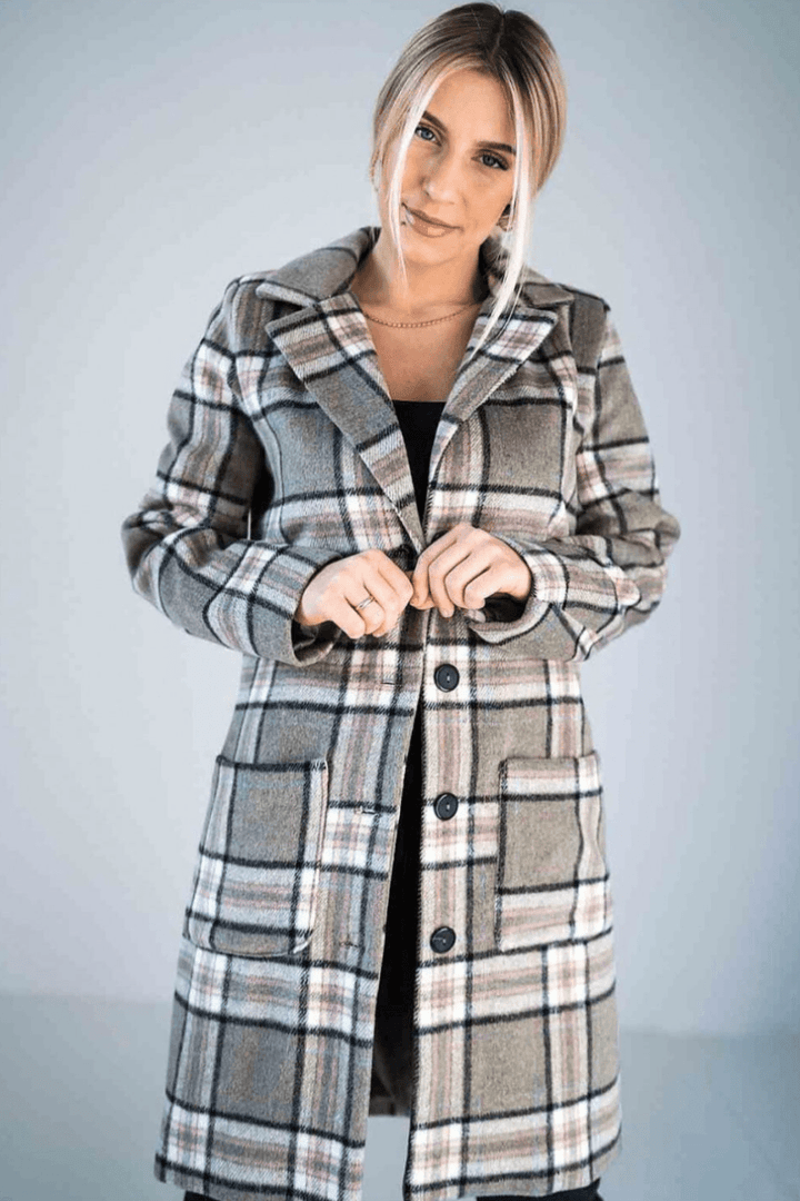 Beige Plaid Longline Coat with Button-Up Front - Ludowika 