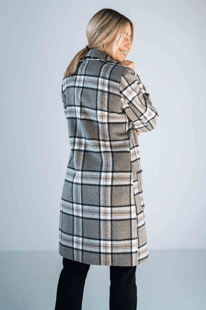 Beige Plaid Longline Coat with Button-Up Front - Ludowika 