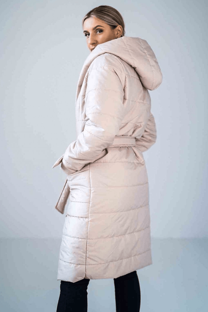 Quilted Insulated Knee-Length Coat with Hood and Waist Tie - Ludowika 