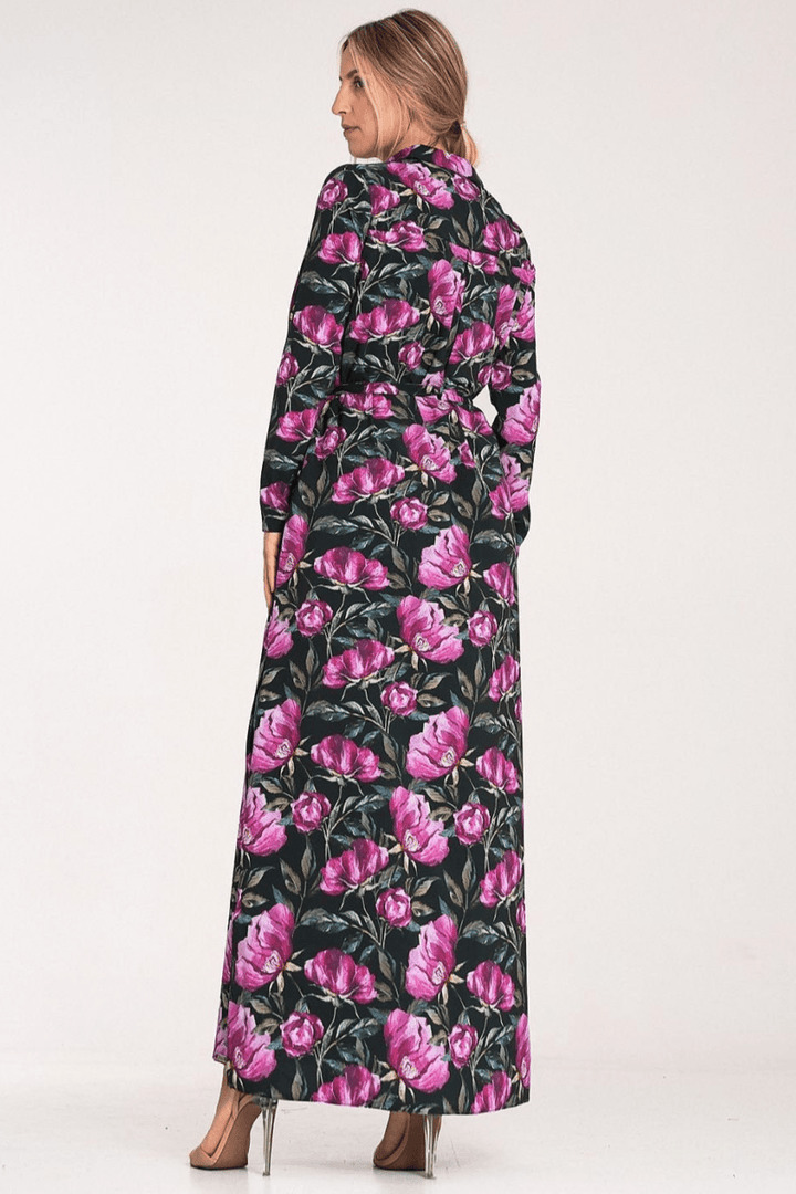 Floral Button-Up Maxi Dress with Collar and Long Sleeves - Ludowika 