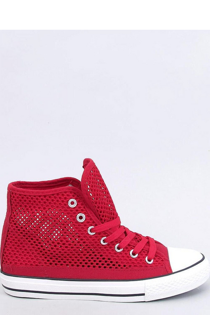 Bold red lace-up high-top sneakers with a breathable mesh pattern. Crafted from fabric for both outer and inner materials, these sneakers offer a stylish and comfortable design to make a statement.






