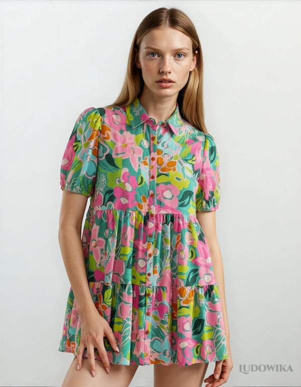 Printed Collared Neck Puff Sleeve Mini Dress