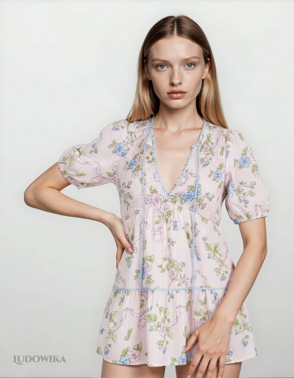 Printed Tie Neck Short Sleeve Mini Dress