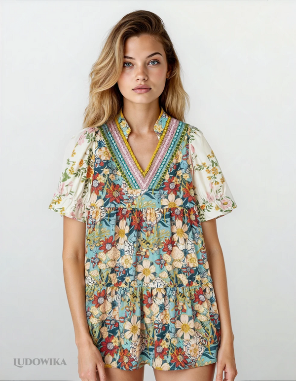 Printed Notched Flounce Sleeve Mini Dress