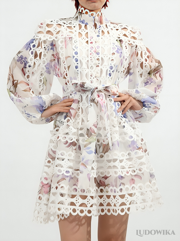 Lace Eyelet Mini Dress with Balloon Sleeves