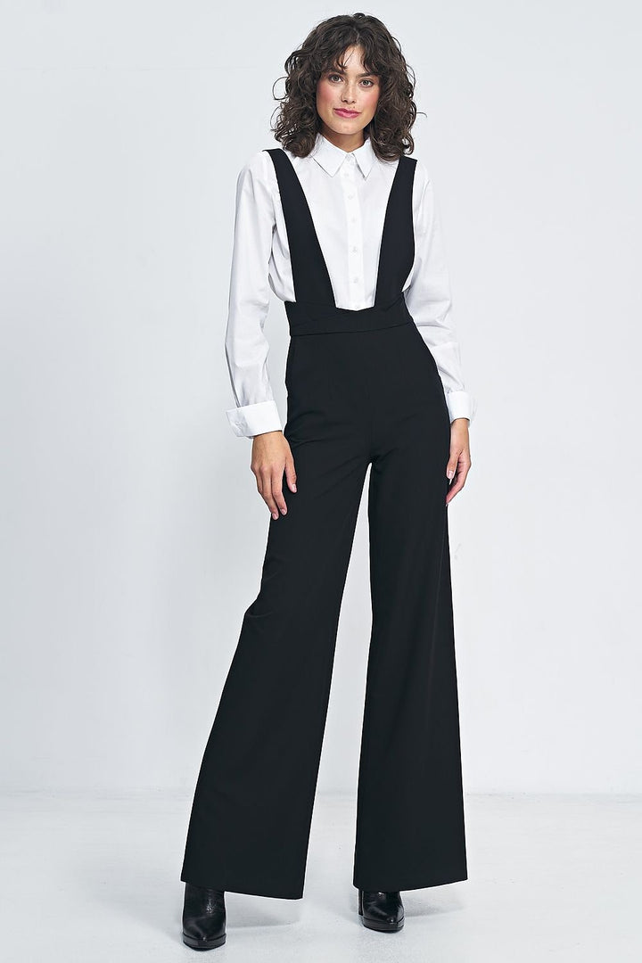 Vintage-Inspired High-Waisted Suspender Jumpsuit with Wide Legs and Pockets

