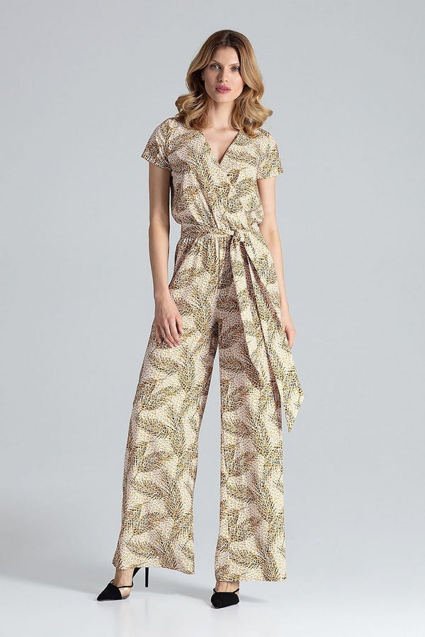 A stylish women's jumpsuit featuring short sleeves, a V-shaped neckline, a sewn-in elastic waistband, and wide, long legs, perfect for casual and semi-formal occasions.