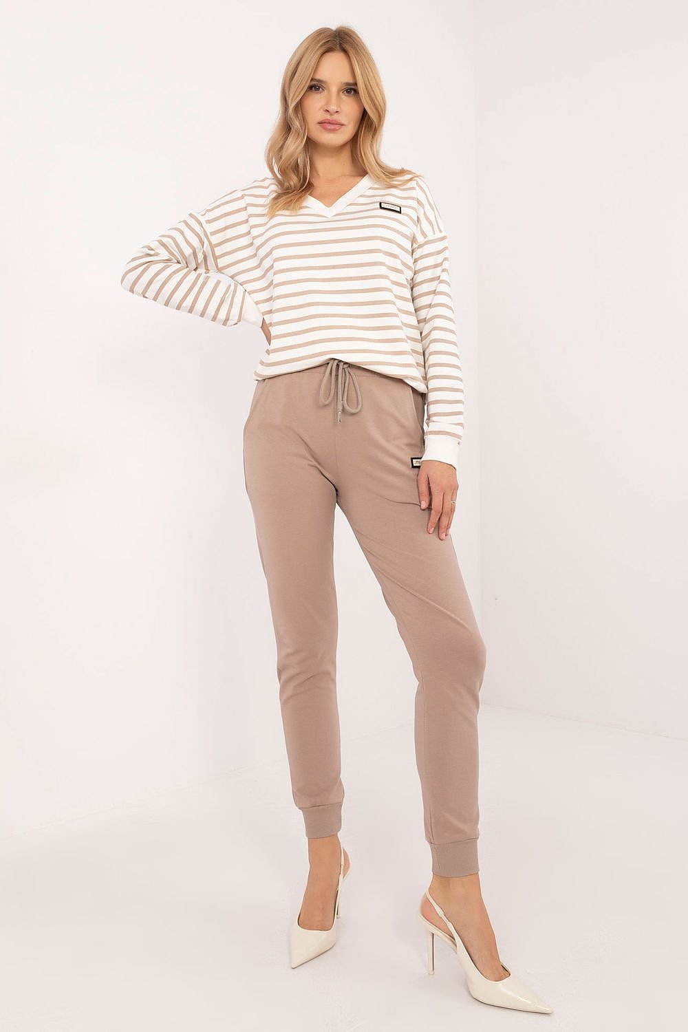 Women's Tracksuit Set with V-Neck Sweatshirt, High-Waist Pants, and Striped Pattern