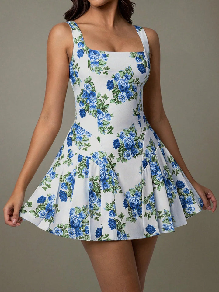 Ludowika Pleated Floral Print Square Neck Mini Dress