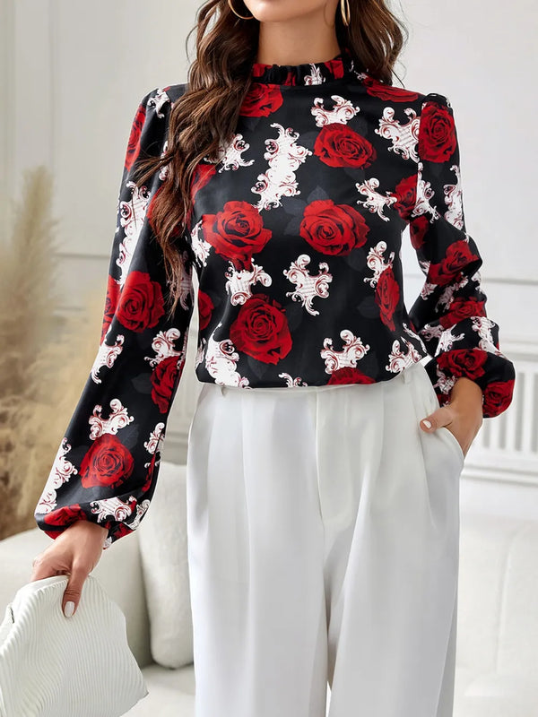 Ludowika Frill Floral Mock Neck Long Sleeve Top