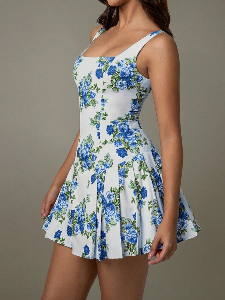 Ludowika Pleated Floral Print Square Neck Mini Dress