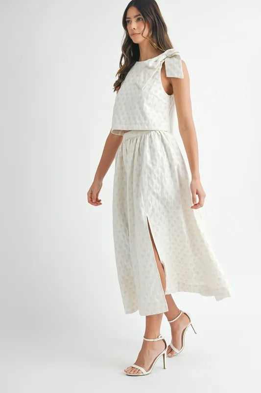 Taffeta Polka Dot Shoulder Ribbon Top and Skirt Set - Ludowika 