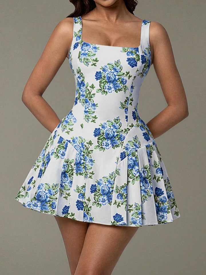 Ludowika Pleated Floral Print Square Neck Mini Dress