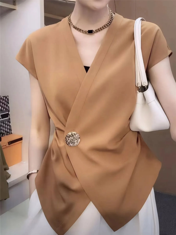 Ludowika Plus Size Wrap Front Blouse with Decorative Button Detail
