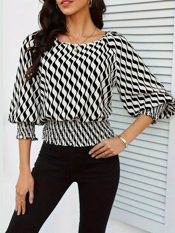 Ludowika Geometric Print Lantern Sleeve Smocked Waist Blouse