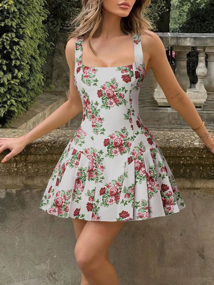 Ludowika Pleated Floral Print Square Neck Mini Dress