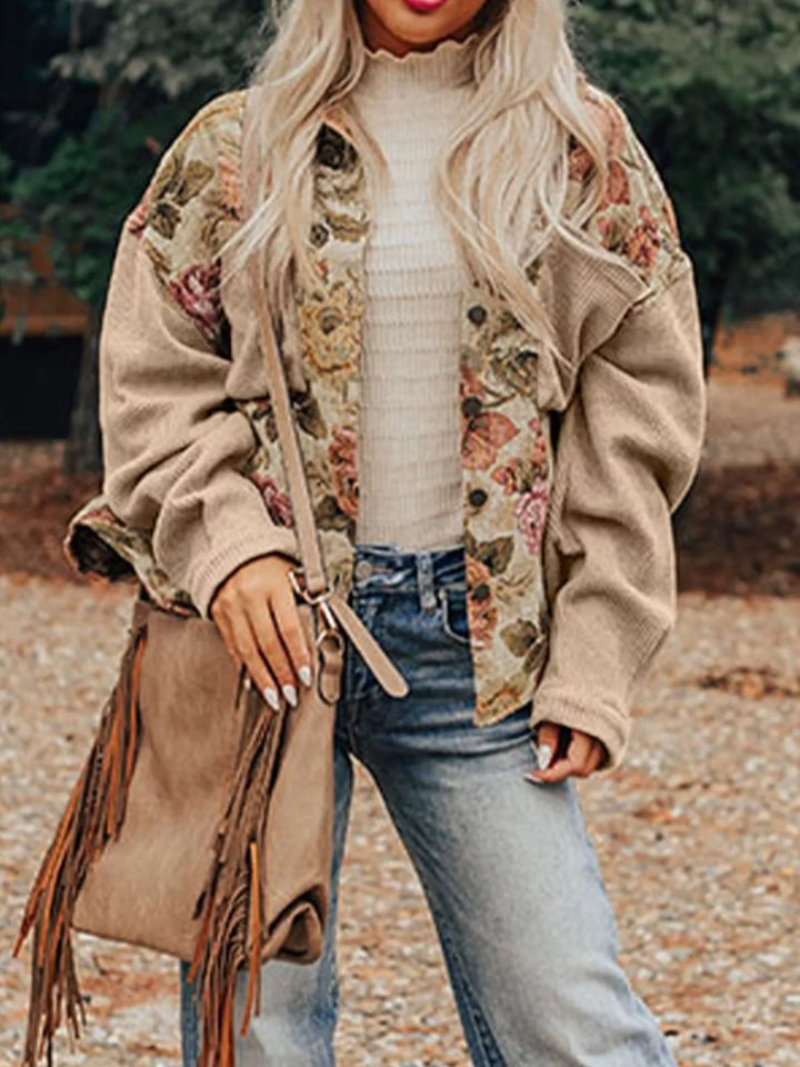 Ludowika Floral Waffle Knit Patchwork Chest Pockets Buttoned Jacket