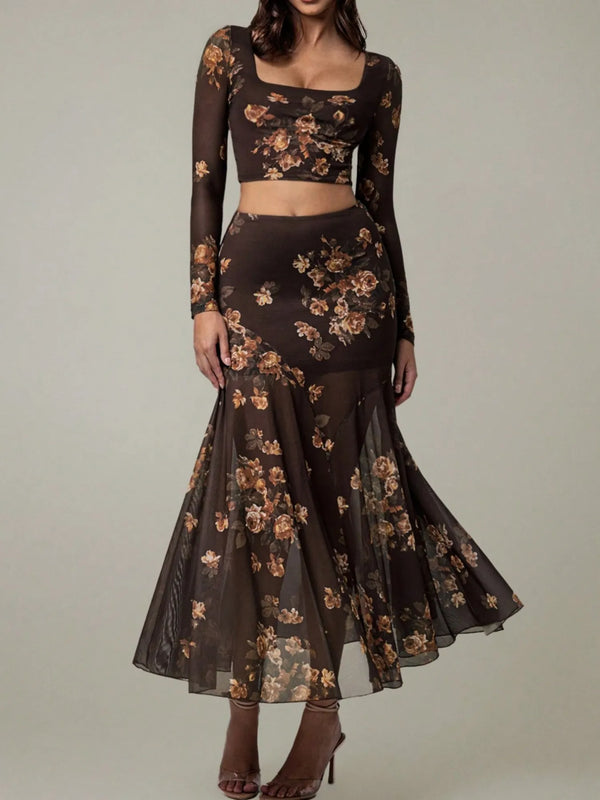 Ludowika Floral Square Neck Top and Skirt Set