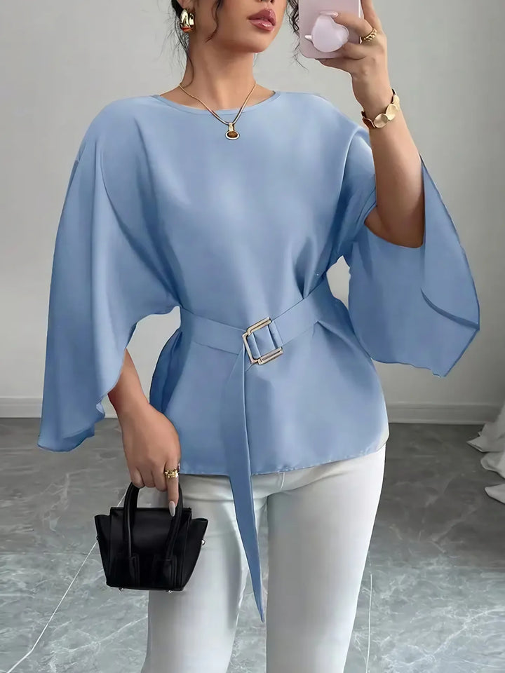 Ludowika Belted Round Neck Flutter Sleeves Blouse
