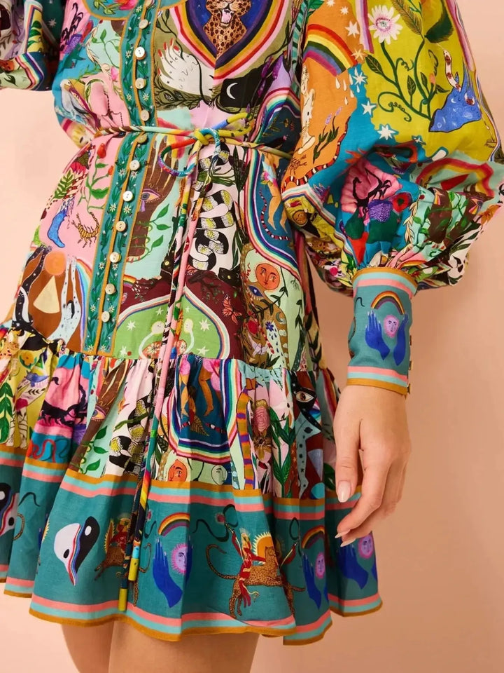 Ludowika Printed Long Sleeve Mini Dress with Belt