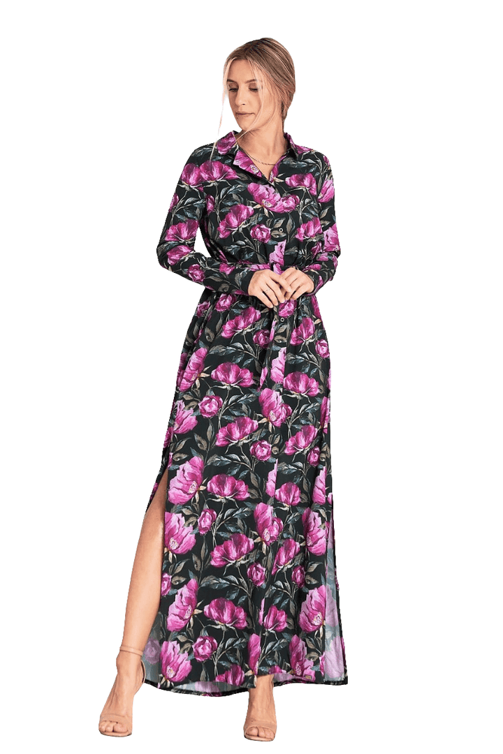 Floral Button-Up Maxi Dress with Collar and Long Sleeves - Ludowika 