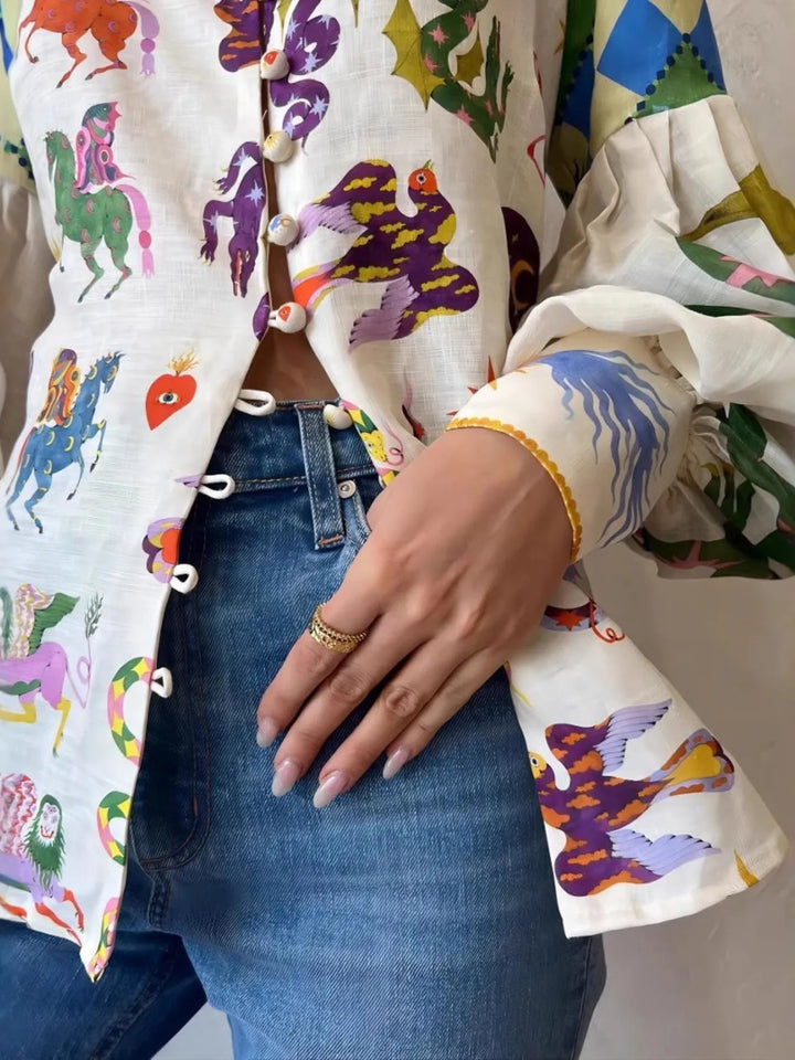 Ludowika Printed Button Up Lantern Sleeve Shirt
