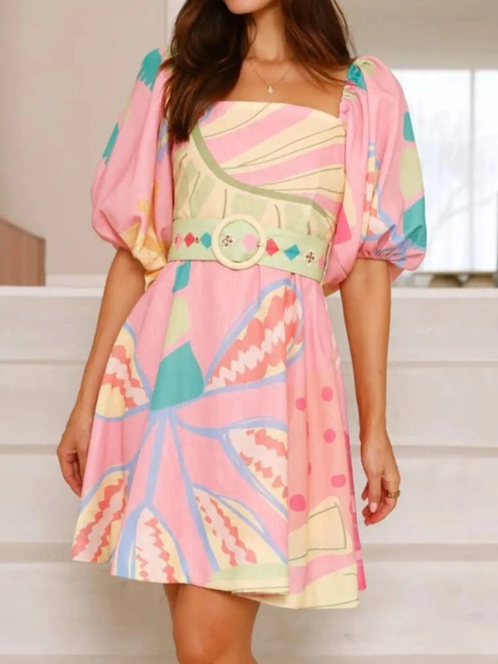 Ludowika Colorful Print Belted Mini Dress with Puff Sleeves