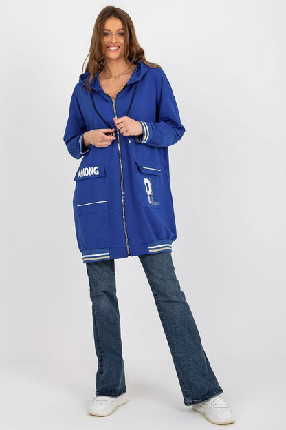 A women's  blue longline sweatshirt featuring a zip-up front, hood, long sleeves, and large slip pockets for practicality and style. Perfect for casual wear.






