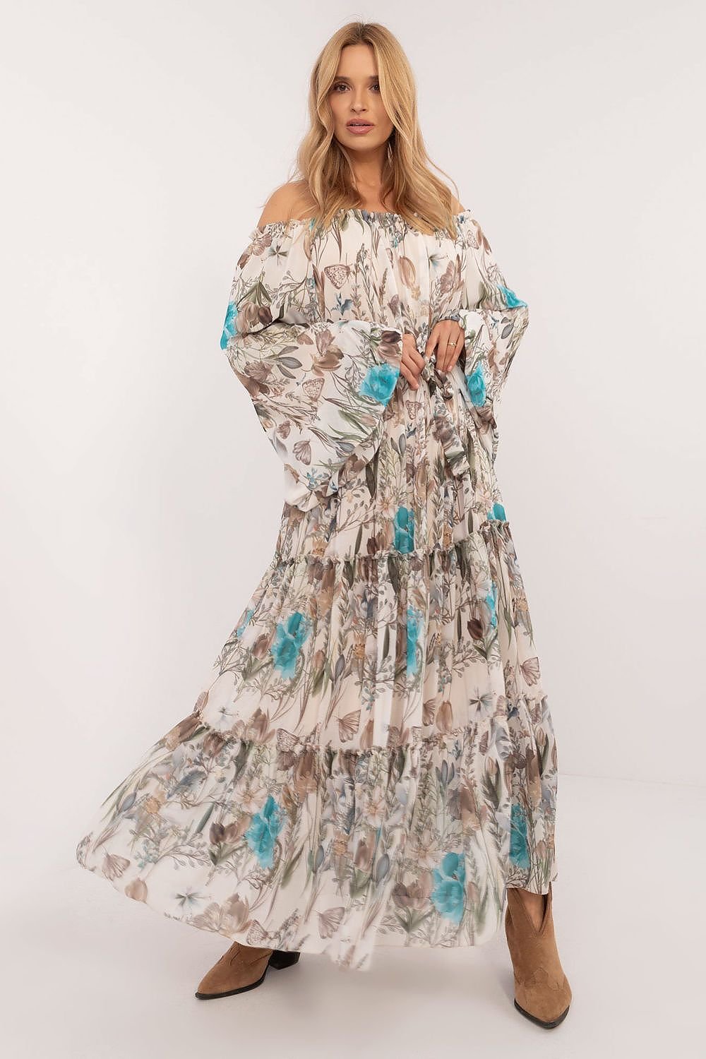 Boho-Inspired Floral Maxi Dress with Spanish Neckline and Belted Waist

