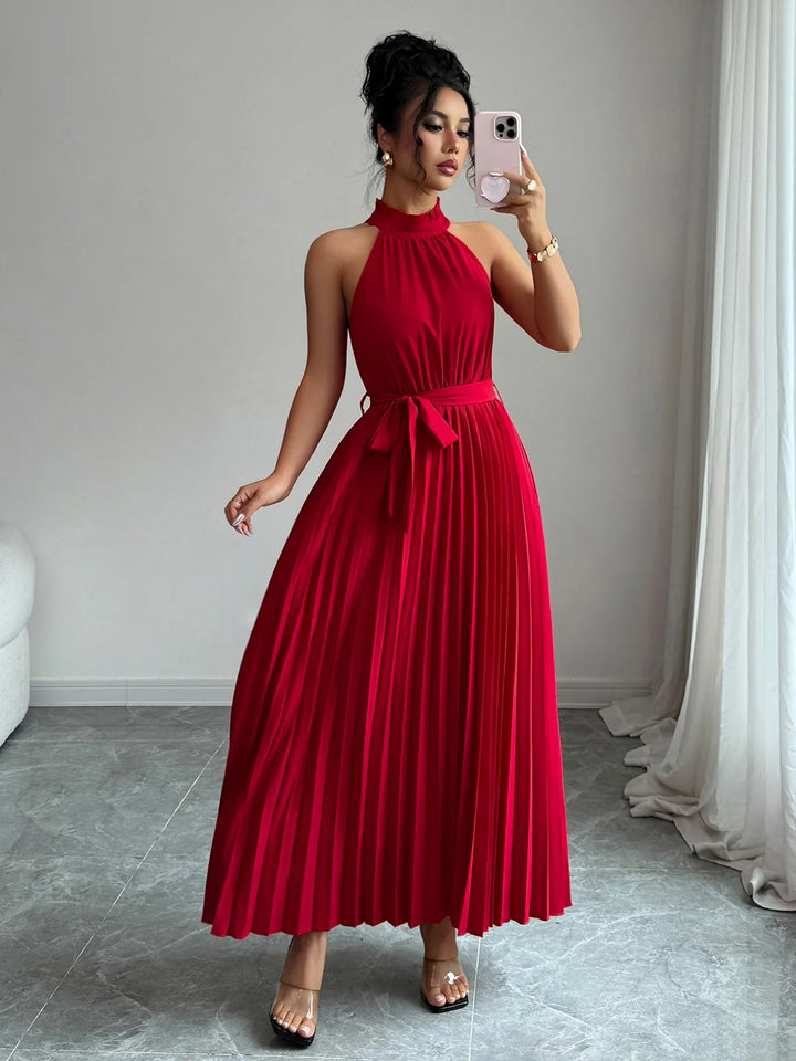 Ludowika Pleated Halter Neck Tie Waist Maxi Dress