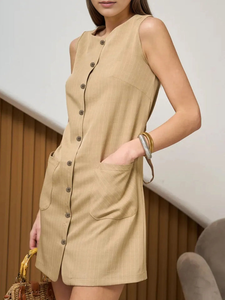 Ludowika Button-Front Sleeveless Mini Dress with Tie Waist