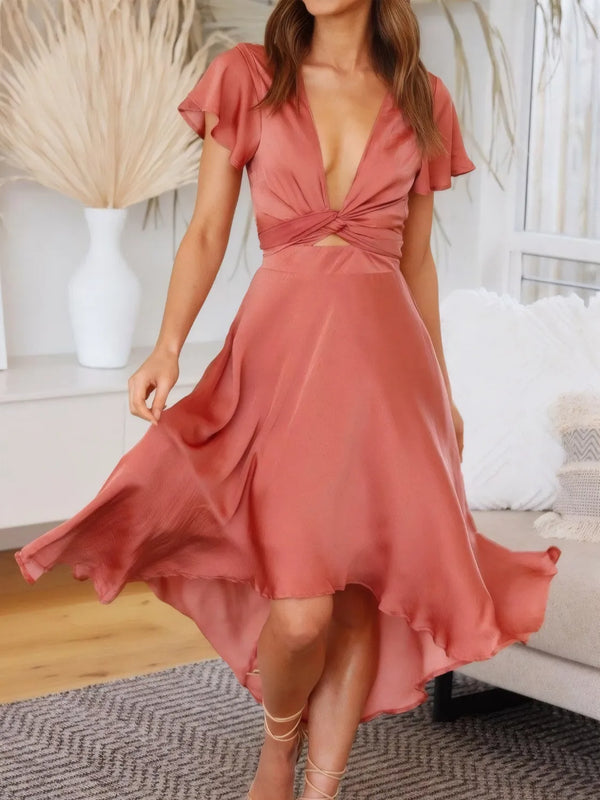 Ludowika High-Low Plunge Flutter Sleeve Dress