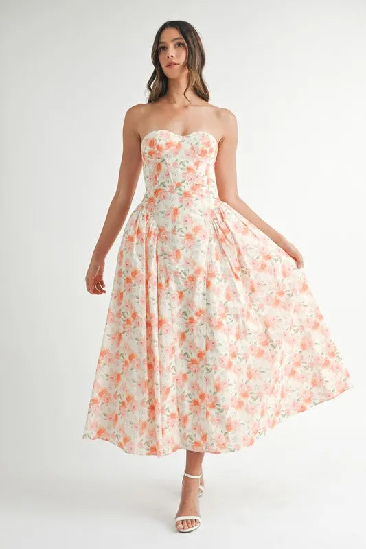 Sweetheart Neckline Floral Printed Midi Dress - Ludowika 