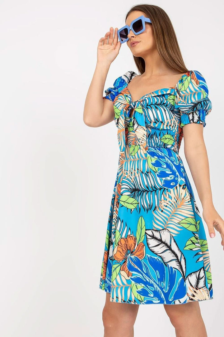 Spanish-Style Summer Dress with Tie Front, Pleats, and Short Sleeves