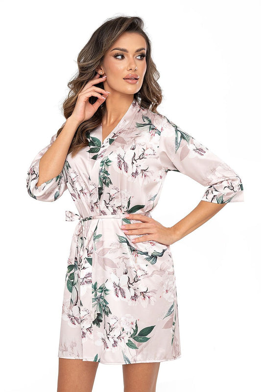 Floral Satin Bathrobe with Belt – Powder Pink and Green