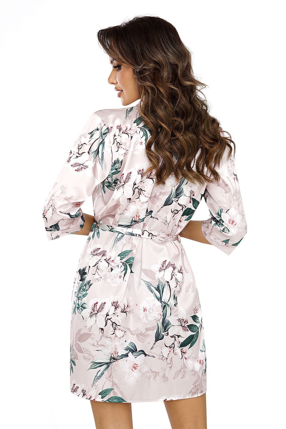 Floral Satin Bathrobe with Belt – Powder Pink and Green