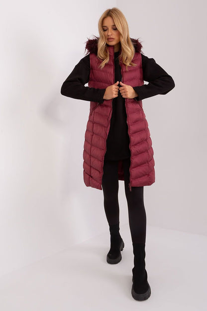 Long Down Vest with Zipper, Detachable Hood & Slide Pockets