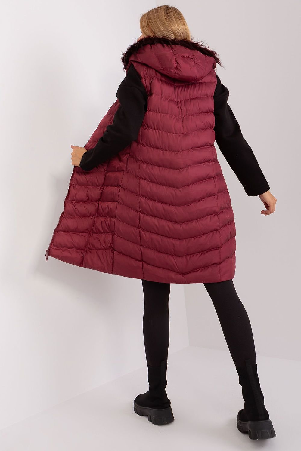 Long Down Vest with Zipper, Detachable Hood & Slide Pockets