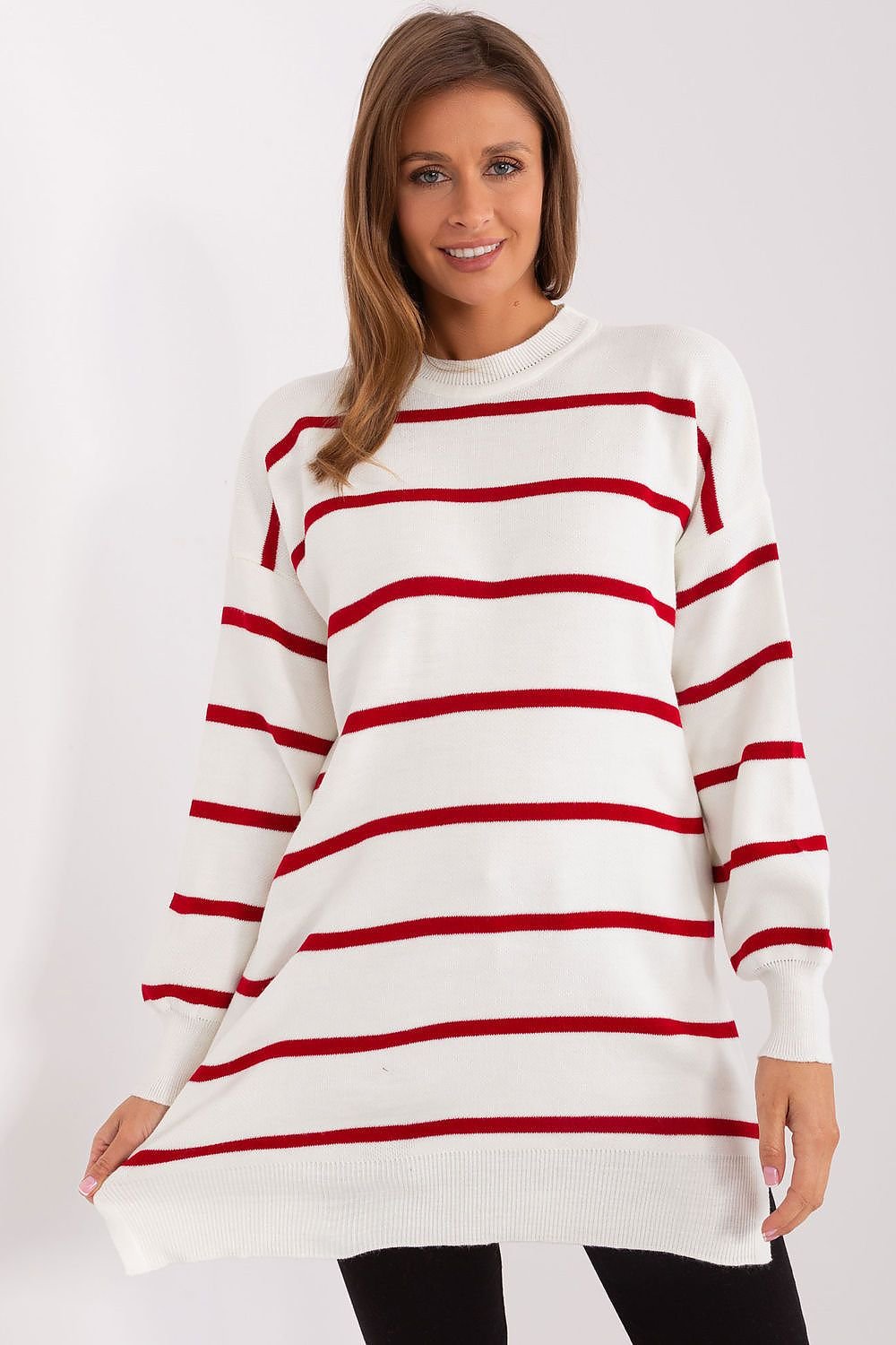 Striped Long Sweater with Round Neckline