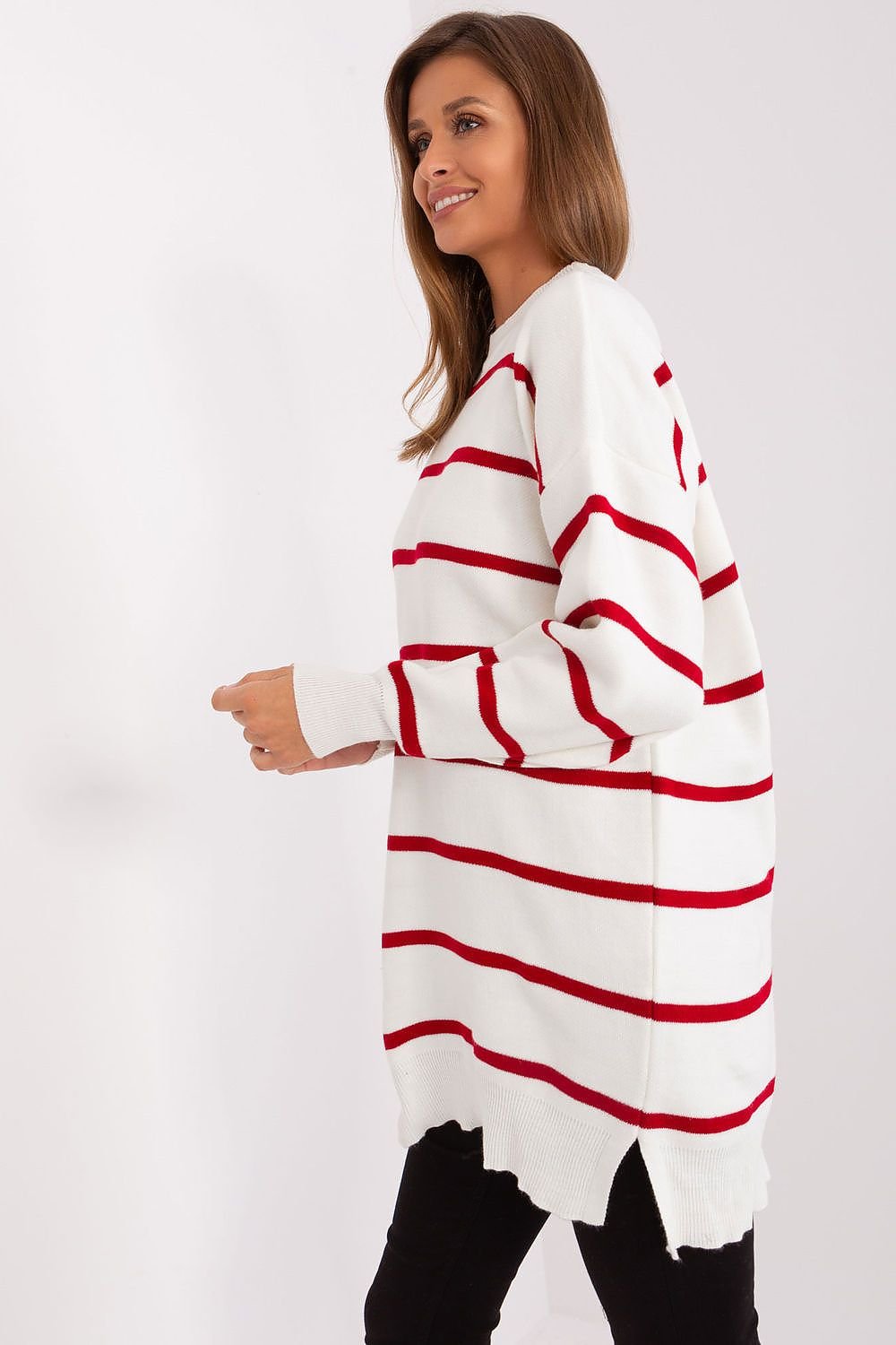 Striped Long Sweater with Round Neckline