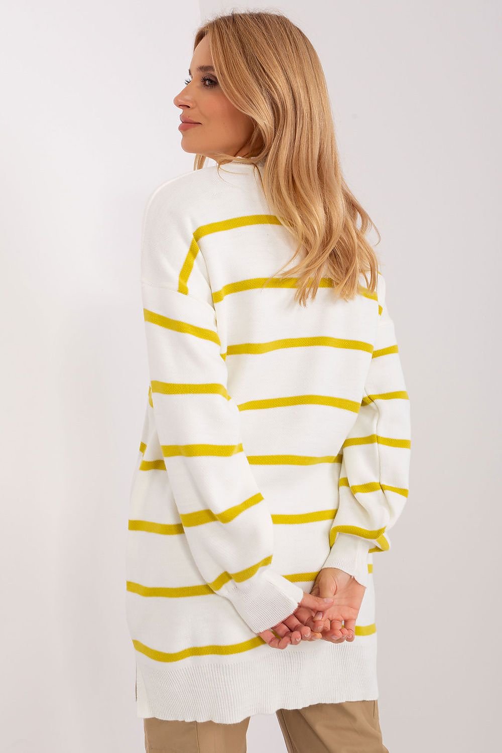 Striped Long Sweater with Round Neckline