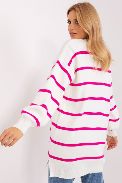 Striped Long Sweater with Round Neckline