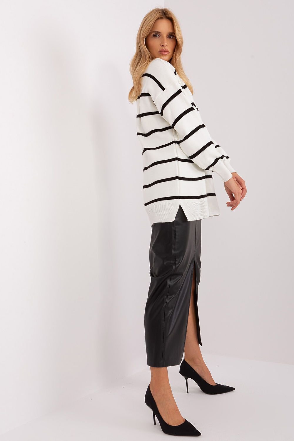 Striped Long Sweater with Round Neckline