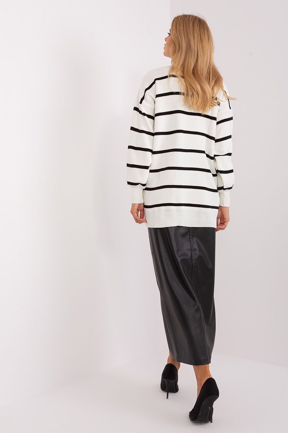 Striped Long Sweater with Round Neckline