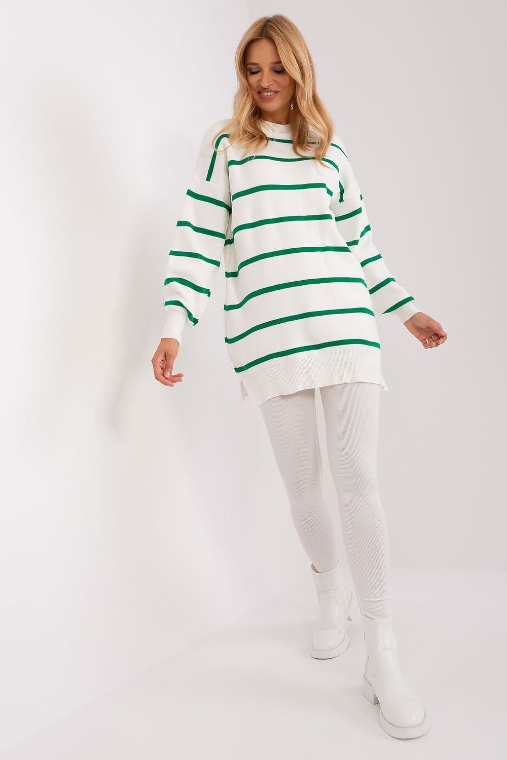 Striped Long Sweater with Round Neckline